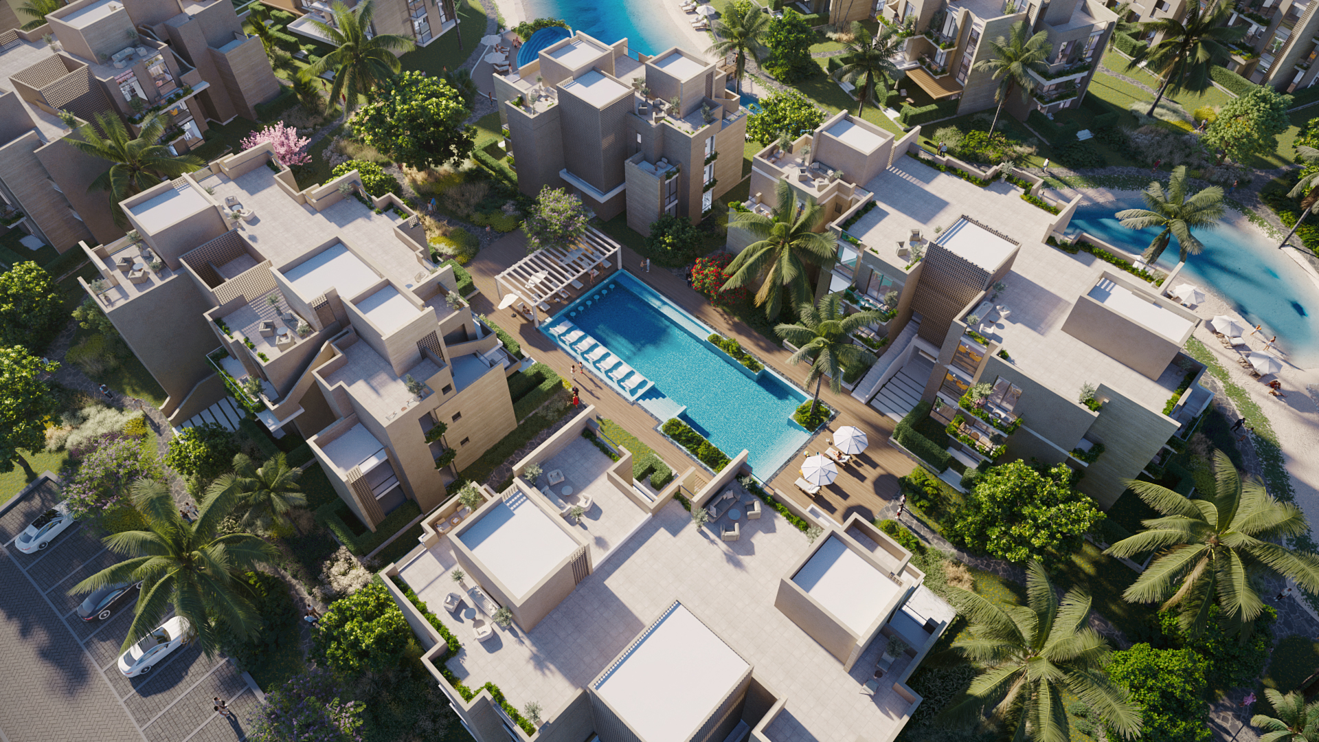 توزيع وحدات Praia View حول حمام السباحة والمساحات الخضراء